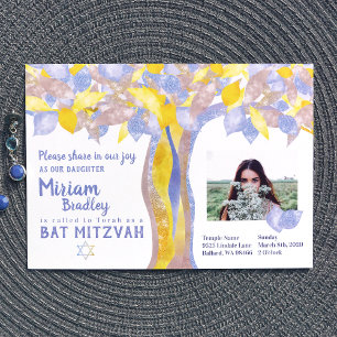Blue & Gold Glitter Boom of Life Bat Mitzvah Kaart