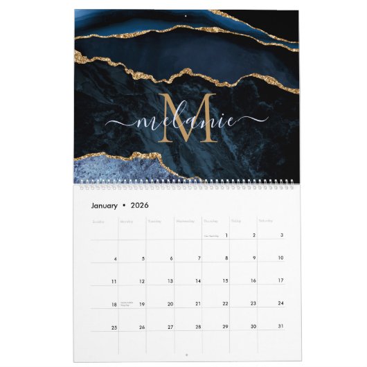 Blue Gold Glitter Calendar Aangepaste naam en lett Kalender (Jan 2026)