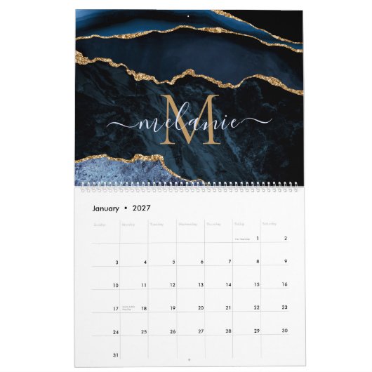 Blue Gold Glitter Calendar Aangepaste naam en lett Kalender (Jan 2027)