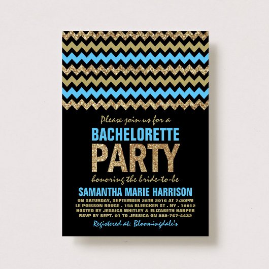 Blue & Gold Glitter Chevron Bachelorette Party Kaart