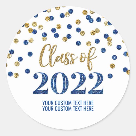 Blue Gold Glitter Confetti Afstuderen 2022 Ronde Sticker (Voorkant)