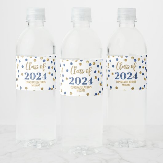 Blue Gold Glitter Confetti Afstuderen Waterfles Etiket (Flessen)