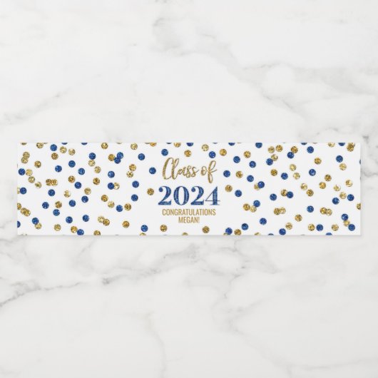 Blue Gold Glitter Confetti Afstuderen Waterfles Etiket (Enkel label)