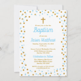 Blue & Gold Glitter Confetti Doopuitnodiging Kaart