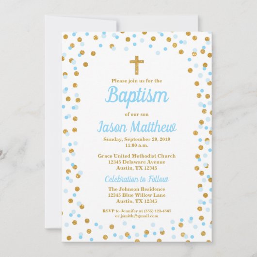 Blue & Gold Glitter Confetti Doopuitnodiging Kaart (Voorkant)
