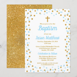 Blue & Gold Glitter Confetti Doopuitnodiging Kaart