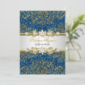 Blue Gold Glitter Damask Quinceanera Invite Kaart (Staand voorkant)
