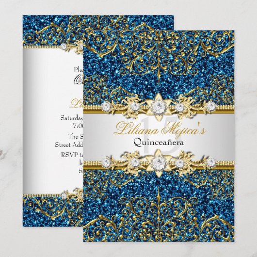 Blue Gold Glitter Damask Quinceanera Invite Kaart (Voorkant / Achterkant)