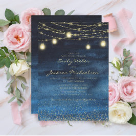 Blue Gold Glitter Fairy Lights Wedding Kaart