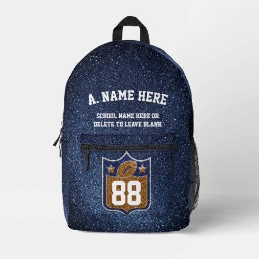 Blue & Gold Glitter Football Player Team Spirit Bedrukte Rugzak (Voorkant)