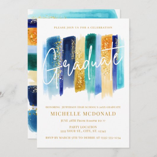 Blue & Gold Glitter Graduation Party Kaart (Voorkant / Achterkant)