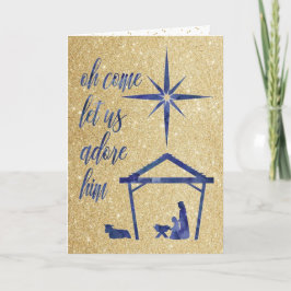 Blue Gold Glitter Kerstnacht Wenskaart Feestdagen Kaart