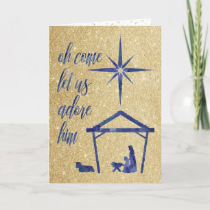 Blue Gold Glitter Kerstnacht Wenskaart Feestdagen Kaart
