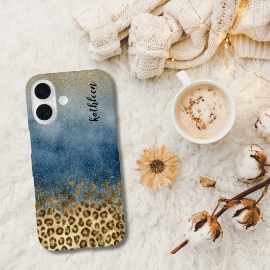 Blue Gold Glitter Leopard Print Monogram Name Case-Mate iPhone Case