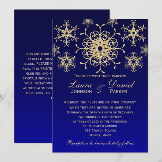 Blue, Gold Glitter LOOK Snowflakes Weddenschap Kaart (Voorkant / Achterkant)