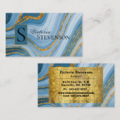 Blue Gold Glitter Marble Monogram Elegant Abstract Visitekaartje (Voorkant / Achterkant)