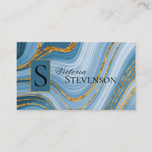 Blue Gold Glitter Marble Monogram Elegant Abstract Visitekaartje