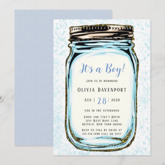 Blue Gold Glitter Mason Jar Boy Baby shower Kaart (Voorkant / Achterkant)