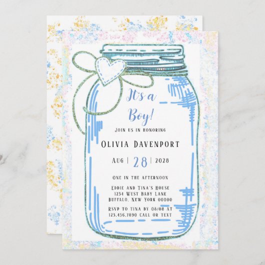 Blue Gold Glitter Mason Jar Boy Baby shower Kaart (Voorkant / Achterkant)