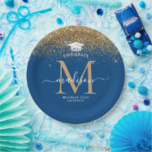 Blue Gold Glitter Monogram Afstudeerder Graduation Papieren Bordje (Feest)