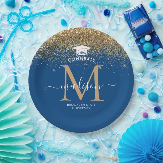 Blue Gold Glitter Monogram Afstudeerder Graduation Papieren Bordje (Feest)