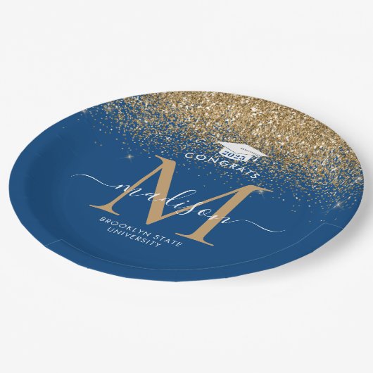 Blue Gold Glitter Monogram Afstudeerder Graduation Papieren Bordje (Gekanteld)