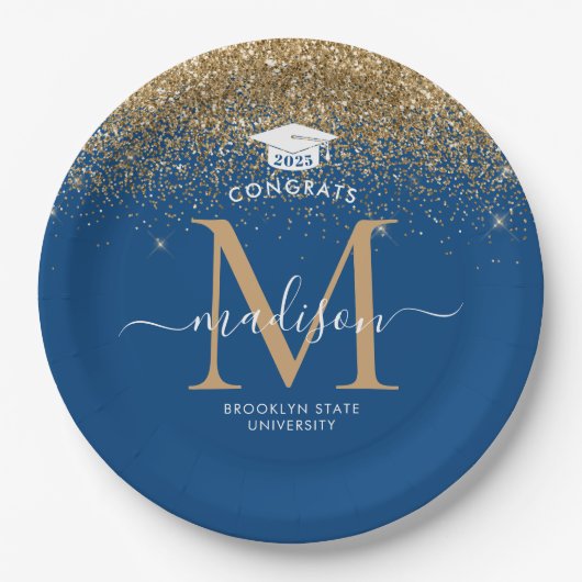 Blue Gold Glitter Monogram Afstudeerder Graduation Papieren Bordje (Voorkant)