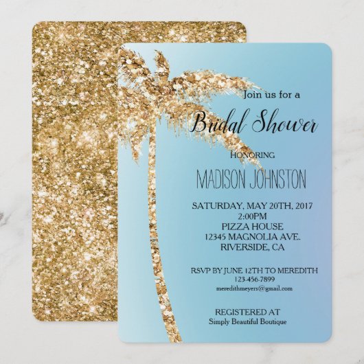 Blue Gold Glitter Palm Tree Vrijgezellenfeest Kaart (Voorkant / Achterkant)