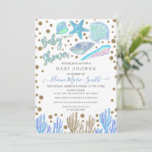 Blue Gold Glitter Seashells Zee Beach Baby shower Kaart (Staand voorkant)