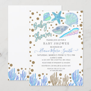 Blue Gold Glitter Seashells Zee Beach Baby shower Kaart