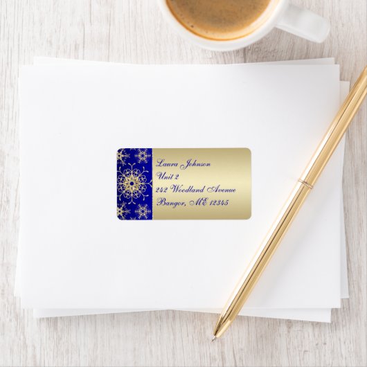 Blue, Gold Glitter Snowflakes Return Address Label (Insitu)