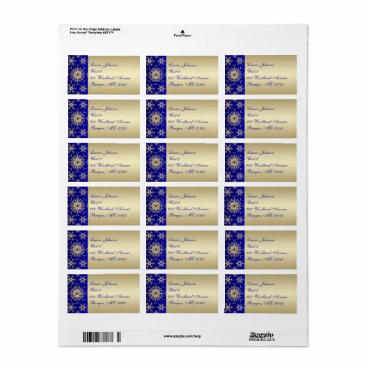 Blue, Gold Glitter Snowflakes Return Address Label (Full Sheet)