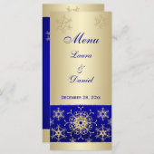 Blue, Gold Glitter Snowflakes Wedding Menu Kaart (Voorkant / Achterkant)