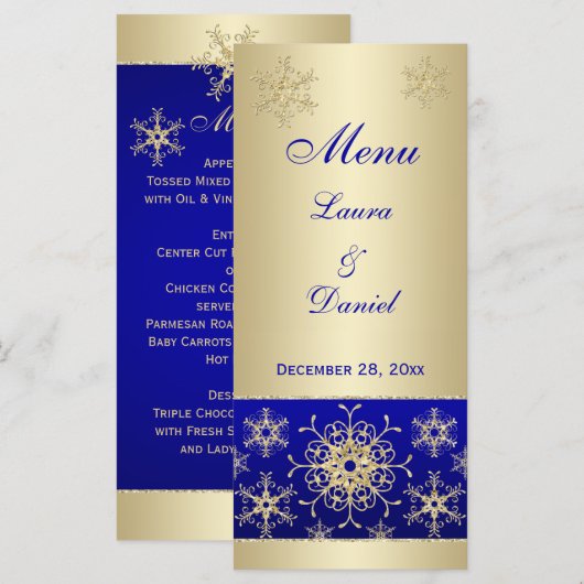 Blue, Gold Glitter Snowflakes Wedding Menu Kaart (Voorkant / Achterkant)