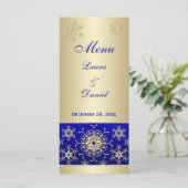 Blue, Gold Glitter Snowflakes Wedding Menu Kaart (Staand voorkant)
