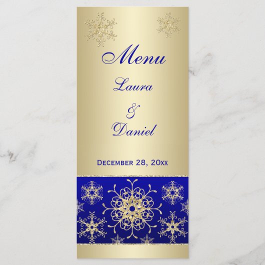 Blue, Gold Glitter Snowflakes Wedding Menu Kaart (Voorkant)