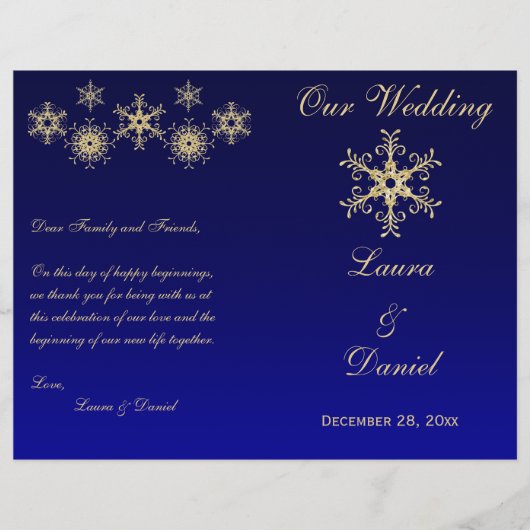 Blue, Gold Glitter Snowflakes Wedding Programme (Voorkant)