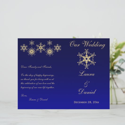 Blue, Gold Glitter Snowflakes Wedding Programme (Staand voorkant)