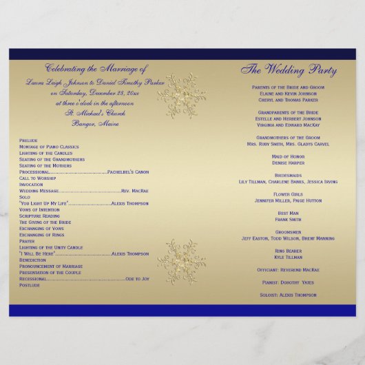 Blue, Gold Glitter Snowflakes Wedding Programme (Achterkant)
