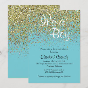 Blue & Gold Glitter Sprinkle Baby shower Uitnodige Kaart