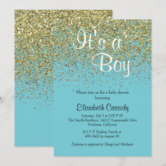 Blue & Gold Glitter Sprinkle Baby shower Uitnodige Kaart