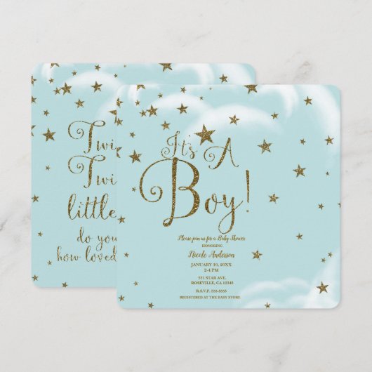 Blue & Gold Glitter Stars Het is een Baby shower v Kaart (Voorkant / Achterkant)