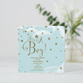 Blue & Gold Glitter Stars Het is een Baby shower v Kaart (Staand voorkant)