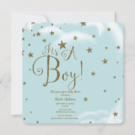 Blue & Gold Glitter Stars Het is een Baby shower v Kaart (Voorkant)