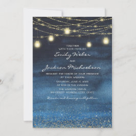 Blue Gold Glitter String Light Lantern Wedding Kaart