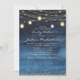 Blue Gold Glitter String Light Lantern Wedding Kaart