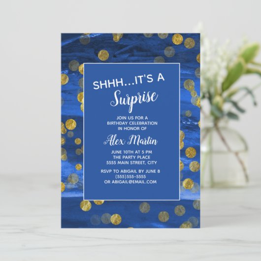 Blue Gold Glitter Surprise Birthday Party Kaart (Staand voorkant)