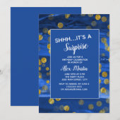 Blue Gold Glitter Surprise Birthday Party Kaart (Voorkant / Achterkant)