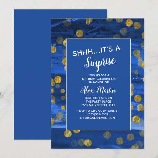 Blue Gold Glitter Surprise Birthday Party Kaart (Voorkant / Achterkant)
