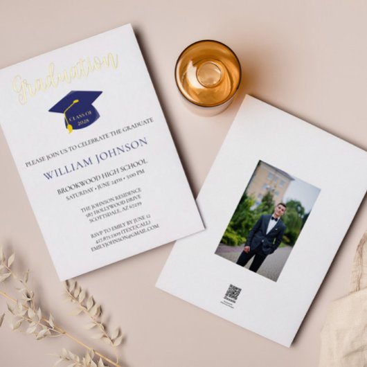 Blue Gold Graduation Cap & Tassel Folie Invitation Folie Uitnodiging